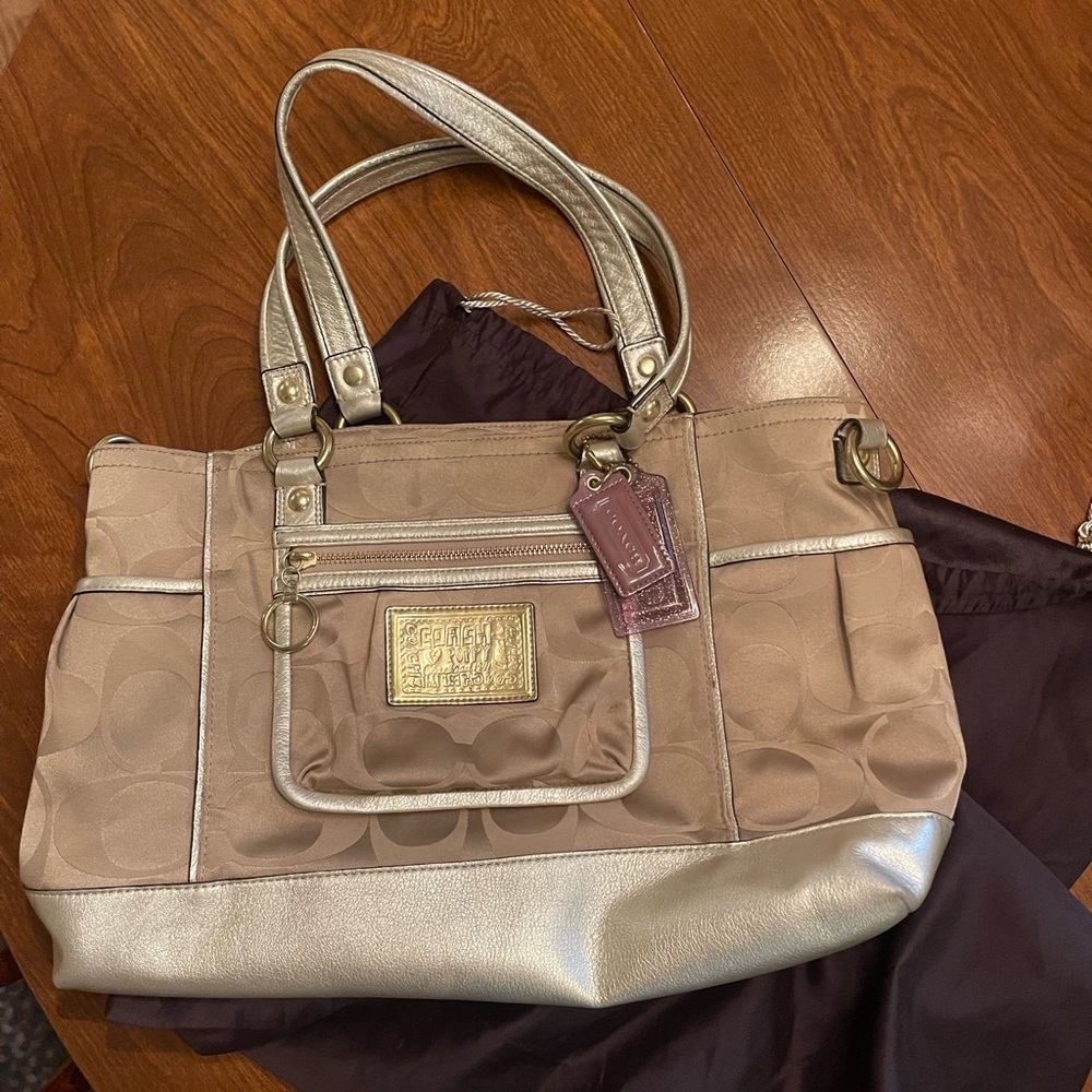 Coach Khaki Signature Shoulder Bag with Bright Turquoise Interior